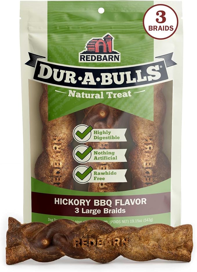 Natural Dur-A-Bulls Treats for Dogs - 3 Large Braids - Hickory Flavor - Made in USA Long Lasting 100% Edible No Artificial Ingredients or Plastic