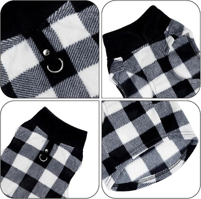Rbenxia 1 PC Plaid Dog Sweaters with Leash Ring Soft Fleece Vest Dogs Pullover Warm Jacket Pet Dogs Clothes Winter Dog Outfits for Small Puppy Cat Pets (Black and White, X-Small)