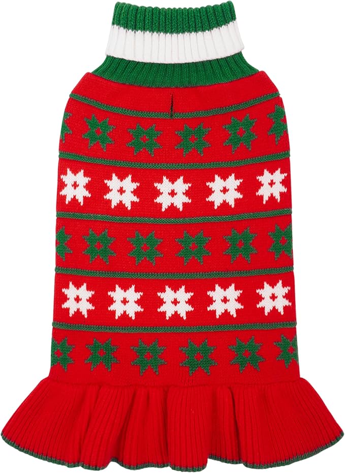 KYEESE Dog Christmas Sweater Warm Dog Sweater for Small Dogs with Leash Hole Cute Dogs Clothes Pet Coats Pet Sweaters Dress for Girl with Snowflake, Girl Red, Medium
