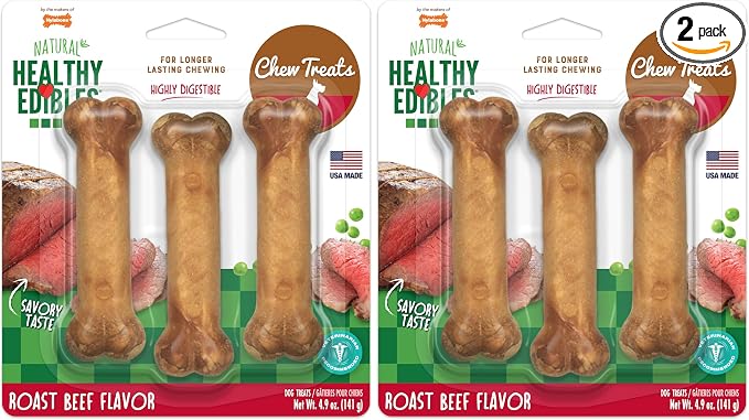 Healthy Edibles Natural Dog Chews, Long Lasting Bones for Dogs, Roast Beef Flavor Dog Treats, Small (3 Count) (Pack of 2)