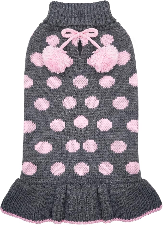 KYEESE Dog Sweater Dress Polka Dot Turtleneck Dogs Sweaters for Girl with Leash Hole Knit Pullover with Pom Pom Ball