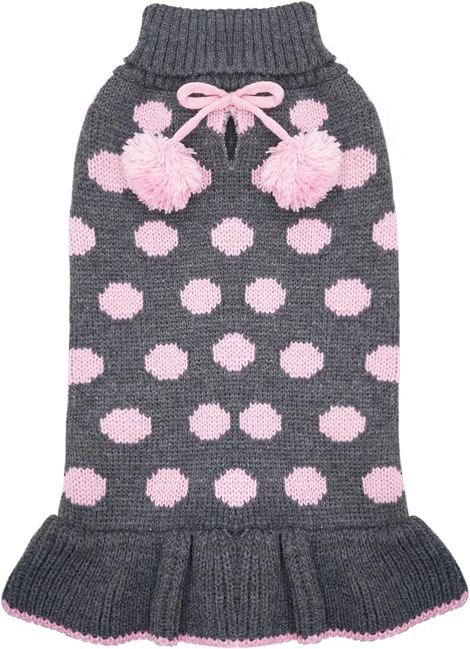 KYEESE Dog Sweaters with Leash Hole Small Turtleneck Dog Sweater Dress for Girl Polka Dot Knit Warm Pet Clothes with Pom Pom Ball