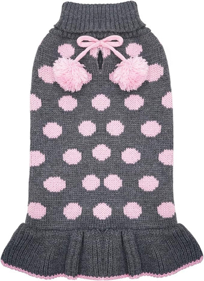 KYEESE Dog Sweaters with Leash Hole Small Turtleneck Dog Sweater Dress for Girl Polka Dot Knit Warm Pet Clothes with Pom Pom Ball