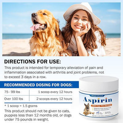 Dog Aspirin for Large Dogs, Anti-Inflammatory and Pain Relief Supplement, Joint Discomfort Relief, Pain Reliever for Dogs, Chicken Flavored Powder, 300mg per Serving, 2 OZ/Scoop Included