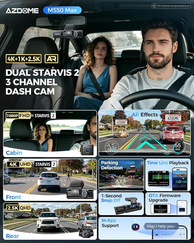 AZDOME M550 Max 4K 3 Channel Dash Cam, Dual STARVIS 2 Sensors, 4K+2.5K+1080P Front and Rear Inside Triple Car Camera, Built-in WiFi GPS, 64GB Card Included, IR Night Vision, Ride Share Accessories