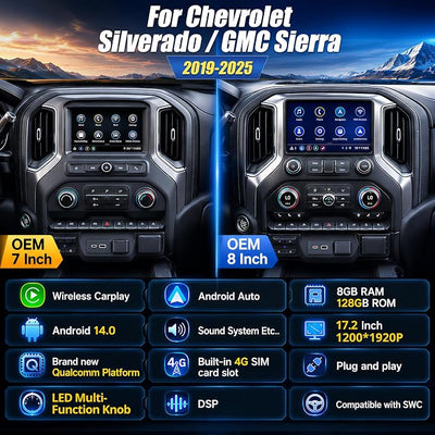 AuCar 836MAX 17.2 Inch Touchscreen with LED knobs Android 14 Car Radio for GMC Sierra Chevrolet Silverado 2019-2025 Head Unit GPS Navigation Wireless Carplay Android Auto 128GB US 1 Yr Service