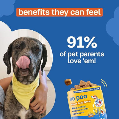 Happy Paws No Poo Chews for Dogs, Poop Eating Coprophagia Deterrent, Probiotics for Dogs with Pumpkin & Enzyme Blend for Digestive Health, Organic, Vegan, Non GMO, Beef Flavor, 100 Count