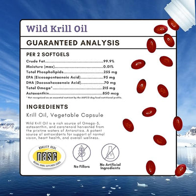 Wholistic Pet Organics Krill Oil for Dogs and Cats - Premium Antioxidant Support for Pets - Cat and Dog Skin and Coat Supplement with EPA, DHA, Astaxanthin - Omega 3 for Dogs and Cats - 60 Soft Gels