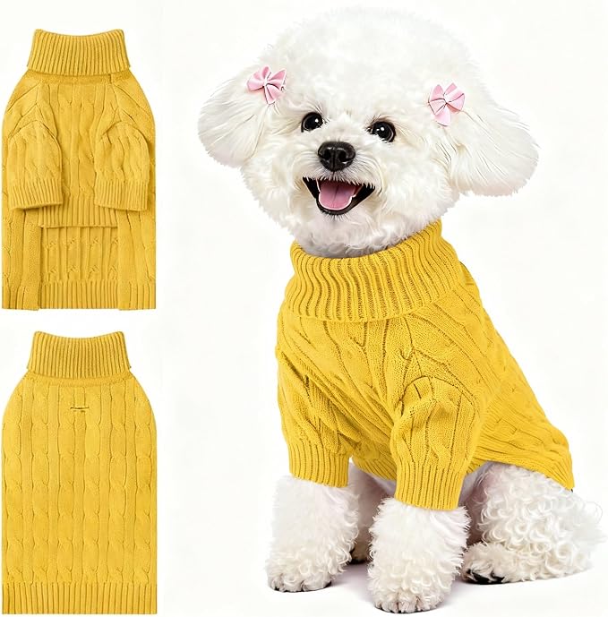 Small Dog Thermal Pullover Sweater, Classic Turtleneck Cable Knitwear Dog Clothes for Cold Weather Warm Pet Clothes for Chihuahua, Bulldog, Dachshund, Pug Yellow Medium