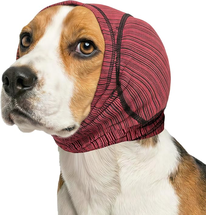 Dog Calming Hoodie & No Shake Ear Wrap for Hematoma, Bathing, Drying Swim& Noise Anxiety Relief - Elastic Quiet Ear Protector with Ear Muffs Design for Grooming/Head Ear Cover (Rose Red, L)