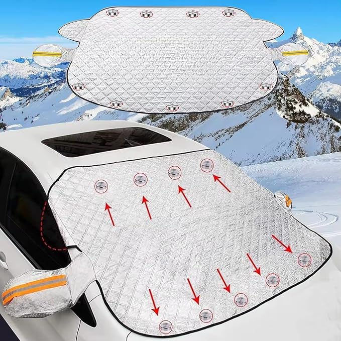 Car Windshield Snow Ice Cover with Side Mirror and Elastic Hook, 9 Magnetic Automotive Windshield Snow Frost Cover, Foldable Car Windshield Sun Shade for Most Cars, SUV/Truck/Pickup/MPV(63"x46"Inch)
