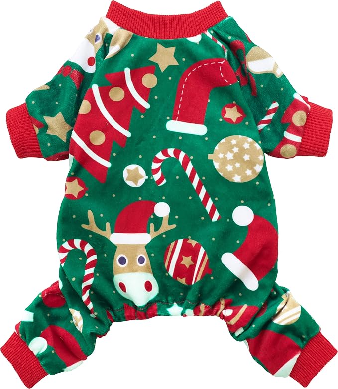 Christmas Dog Pajamas, Dog Winter Clothes for Small Dogs Boy Girl, Lightweight Velvet Pet Jammies, Red, Green, Medium