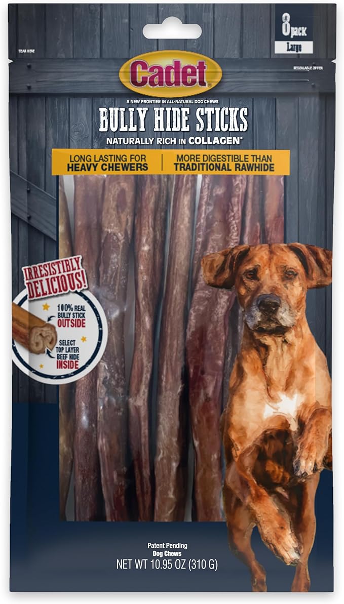 Bully Hide Sticks for Large Dogs – All-Natural Beef Pizzle, High Protein, Low Fat, Long-Lasting, Grain & Rawhide-Free Dog Chews for Aggressive Chewers, Large (8 Count)