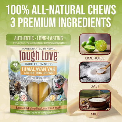 Tough Love Himalayan Yak Cheese Dog Chews -100% Natural, Long-Lasting, Odor-Free – Protein Rich & No Preservatives – Zero Waste Sticks for Health-Conscious Dog Parents (Large (4 Sticks))