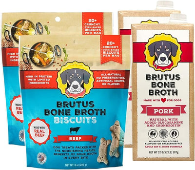 Brutus Bone Broth for Dogs Bundle Pack - Beef Biscuits Dog Treats, Pack of 2 (8oz) and Pork Bone Broth Food Toppers, Pack of 2 (32oz) - All Natural, Tasty & Nutritious