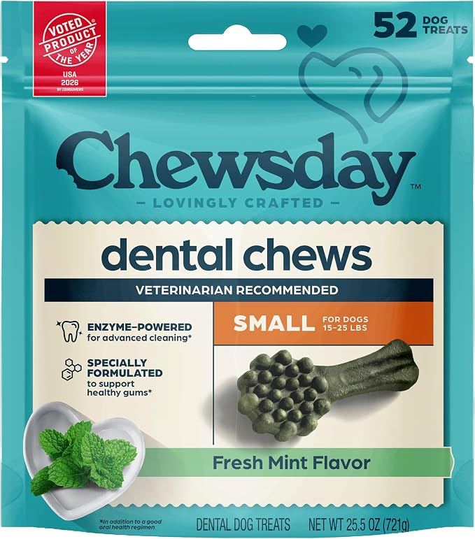 Fresh Mint Flavor Dental Chews, Small Dog Treats, Healthier Teeth and Fresher Breath, Enzyme Powered for Advanced Cleaning, Made in the USA, 52 Count