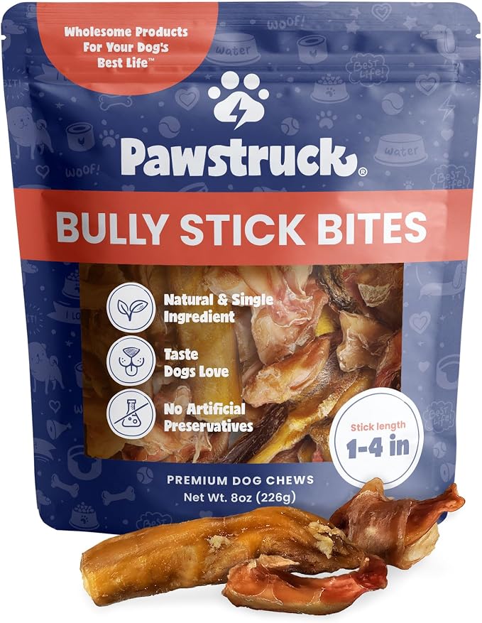 Natural 1–4" Bully Stick Bites for Small Dogs and Puppies – Single Ingredient, Digestible, Rawhide-Free, High-Protein Chew Treat Bones – 8 oz Bag – Packaging May Vary