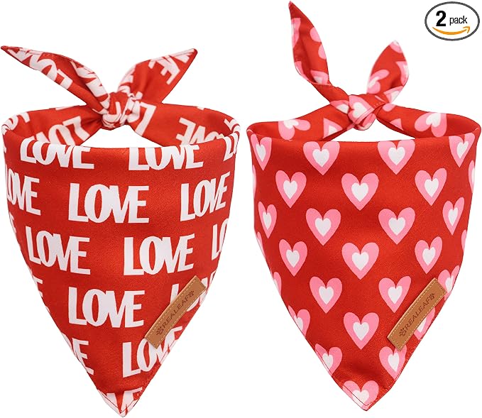 Realeaf Valentine's Day Dog Bandanas 2 Pack, Triangle Reversible Love Pet Scarf for Boy and Girl, Premium Durable Fabric, Holiday Mothers Day Bandana for Small and Medium Dogs (Small)