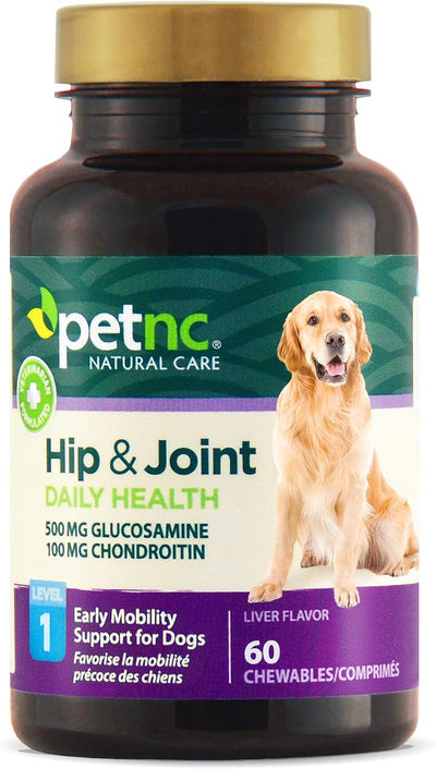 PetNC Level-1 Hip & Joint Health Supplement for Younger Dogs, 60 Chewable Tablets, 500mg Glucosamine, 100mg Chondroitin, 10mg MSM & 1mg Hyaluronic Acid, Vitamin C & Manganese, Liver Flavor