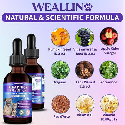 WEALLIN Flea and Tick Support for Dogs and Cats Natural Flea Treatment Drops with Multivitamin for Pets Oral Flea & Tick Prevention for Dogs and Cats Flea Herbal Drops for All Breeds and Ages