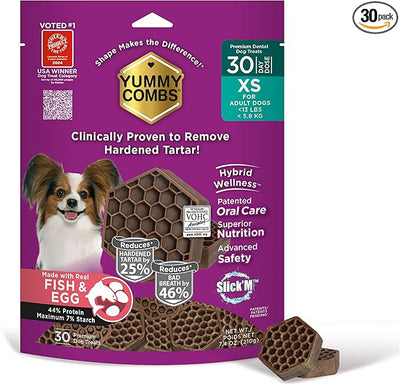 Yummy Combs Dog Dental Treats – Fish & Egg Protein – Vet VOHC Approved, Removes Tartar – A Daily Teeth Cleaning Treat for Extra Small Dogs (30 Count)
