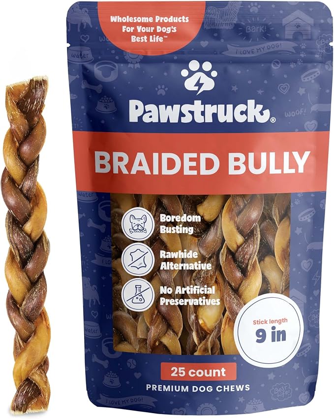 Natural 9” Braided Bully Sticks for Dogs - Tough, Long-Lasting, Rawhide-Free, Low Odor, Healthy Single Ingredient Chew Treat for Aggressive Chewers - 25 Count - Packaging May Vary