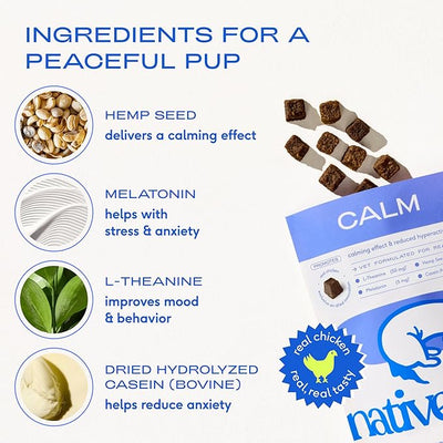 Native Pet Calming Chews for Dogs Medium Breed - 60 Calming Dog Treats - Hemp Seed, Melatonin, L-Theanine - Supports Calm Behavior - 120 Chews