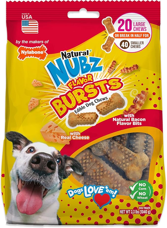 Nylabone Nubz Flavor Bursts Natural Dog Chews for Small Dogs, Long Lasting Chew Bones Made in the USA, Grain-Free Dog Treats, Bacon & Cheese Flavor, for Dogs Over 30 lbs. (20 Count)