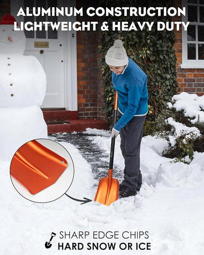 KFM Aluminum Snow Shovel, 22 to 43 Inch Collapsible Adjustable Length Portable Metal Shovel for Car Snow Removal with Carrying Bag Heavy Duty Small Snow Shovel for Ski, Outdoor, Camping, Driveway