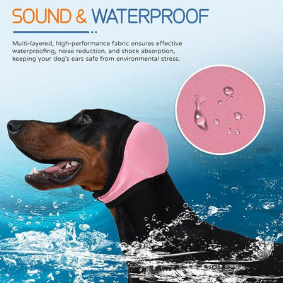 Dog Ear Muffs & Swim Cap and No Shake Ear Wrap for Bathing, Hematoma, Drying & Noise Anxiety Relief - Elastic Waterproof Ear Protection with Calming Hoodie for Grooming