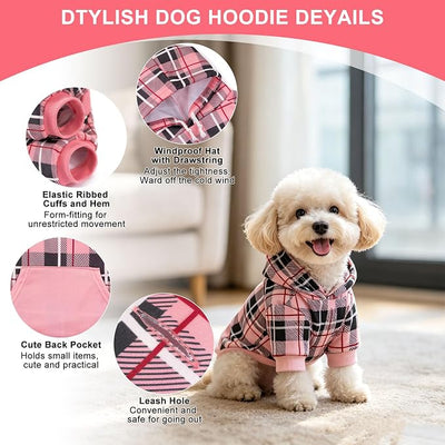 EXPAWLORER Plaid Dog Hoodie - British Style Warm Dog Sweater Shirt with Leash Hole,Pitbull Clothes Outfits,Winter Coat Apparel for All Breeds Puppy Girl Boy-Cat Apparel,Pink S-Medium