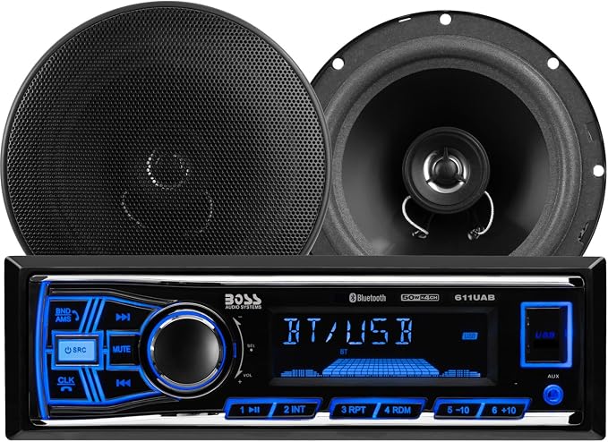 BOSS Audio Systems 638BCK Car Stereo Package – Single Din, Bluetooth, No CD DVD Player, AM/FM Radio Receiver, USB, 6.5 Inch 2 Way Full Range Speakers