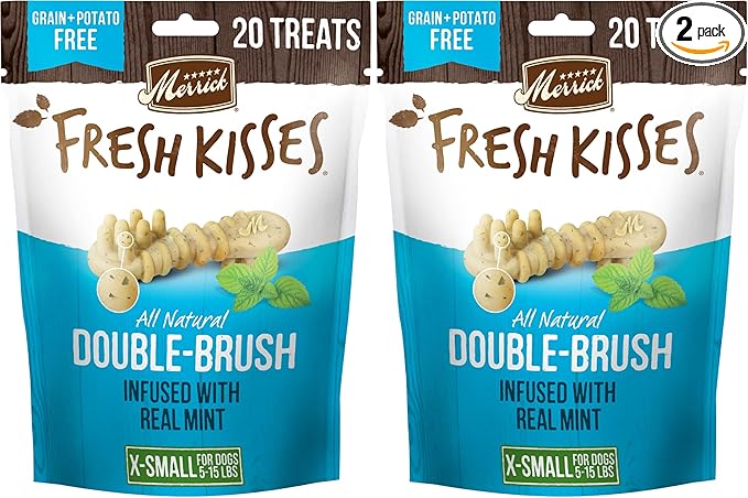 Merrick Fresh Kisses Natural Dental Chews Toothbrush Treat Shape Infused with Real Mint for Tiny Dogs 5-15 Lbs - 20 ct. Bag (Pack of 2)