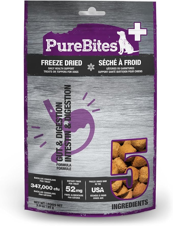 PureBites+ Gut & Digestion Freeze Dried Dog Treats, 5 Ingredients, Made in USA, 3oz