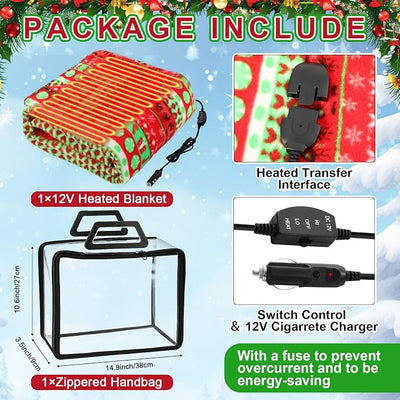 Tuanse 58 x 43 Inches 12 Volt Heated Car Blanket Plug in Portable Car Electric Blanket with Cigarette Lighter, Temperature Controller and Storage Bag for Rv Truck Traveling(Red Green,Christmas Candy)