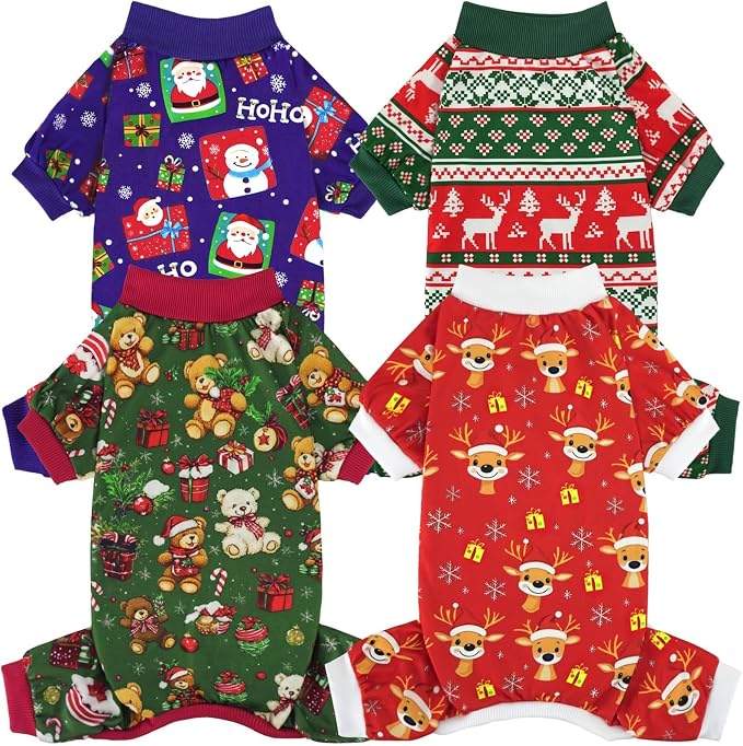 4 Pack Dog Christmas Pajamas Reindeer Puppy Clothes Cute Santa Claus Dog Pajamas Costumes Outfit Red Green, 4XL