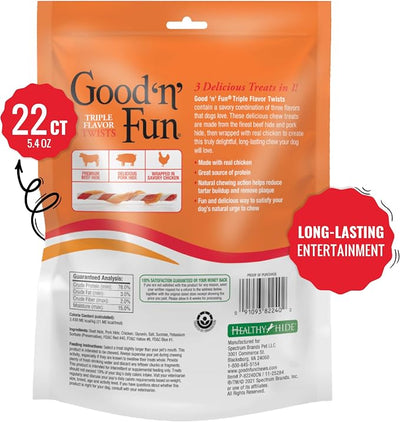 Good 'N' Fun Triple Flavor Twist Rawhide Treats for Dogs, 22 Count (7 Pack)