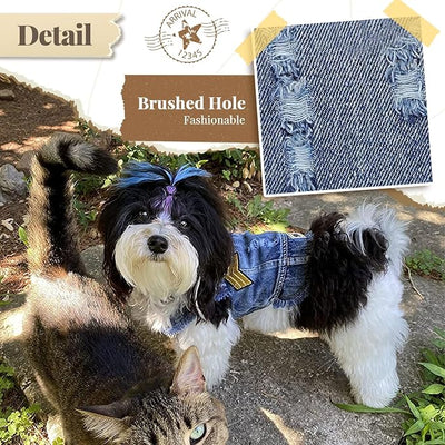 Cool Dog Jean Jacket Small Puppy Outfits Frenchie Clothes Denim Coats for Small Medium Dogs Cats Boys Girls Pet Vest Dog Shirt Clothing Doggy Costume (Blue Print, L（Suggest 9-12 lbs）)