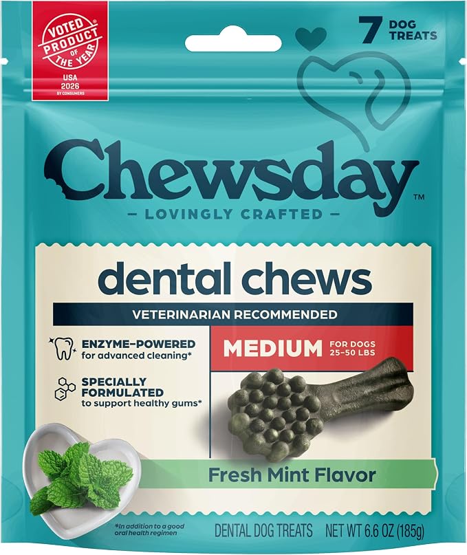 Fresh Mint Flavor Dental Chews, Medium Dog Treats, Healthier Teeth and Fresher Breath, Enzyme Powered for Advanced Cleaning, Made in the USA, 7 Count