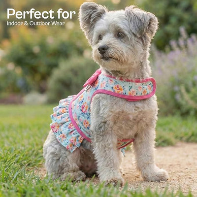 Parisian Pet Floral Dog Harness Dress - Breathable No Pull Puppy Dress with Pink Bow and Leash Ring - 100% Mesh Fabric Harnesses for Dogs - Soft Padded Step in Pet Vest - Dog Harness for Large Dogs