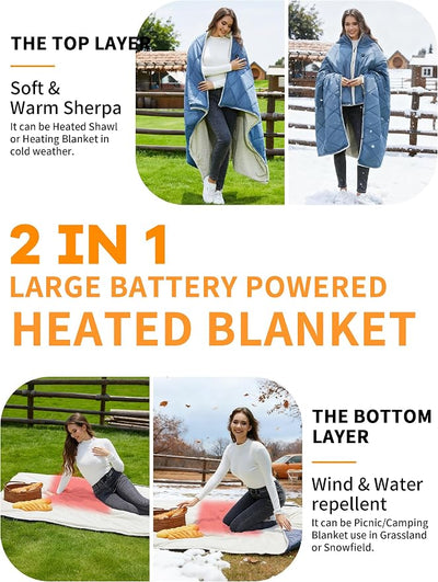 Heated Blanket Battery Operated,12V Cordless Heating pad with 15000 Battery,Heated Shawl Throw Blanket,Wearable Heated Blanket,Sherpa Lining,3 Heating Set for Car,Camping,Backpacking,Hiking,Travel