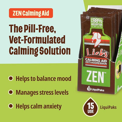 Licks Zen Calming Aid - Fast-Acting Stress & Behavior Support for Cats & Dogs - L-Theanine, Chamomile, Ashwagandha & Tryptophan - Pill-Free Gel Packets - Braised Beef Flavor - 15 Packets