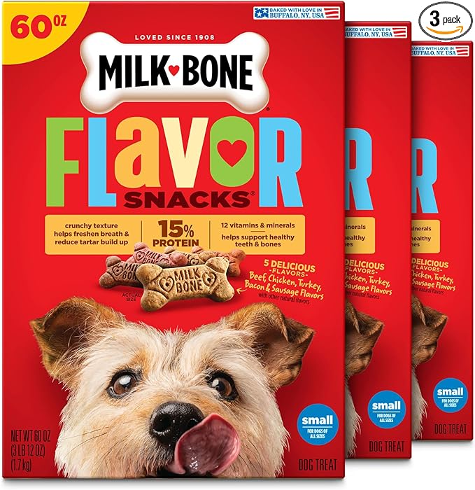 Milk-Bone Flavor Snacks Small Dog Biscuits, Flavored Crunchy Dog Treats, 60 Oz. Boxes (Pack of 3)