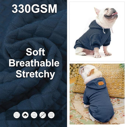 BEAUTYZOO Small Dog Hoodie Sweater with Pockets, Dog Clothes for Small Medium Dogs Boy Girl, Waffle-Like Laminated Cotton Pet Coats with Hat and Leash Hole, Navy Blue ML