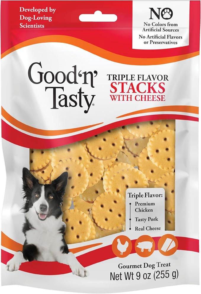 Good n' Tasty Triple Flavor Stacks with Cheese, 9 Ounces, Bite Sized Snacks for Dogs with Premium Chicken and Real Cheese