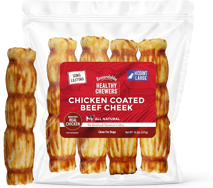 Chicken Coated Beef Cheek Rolls for Dogs [9 Inch] — Long Lasting Chew, All Natural, No Artificial Flavors, 4 Pack — Aggressive Chewers, Large & Giant Dogs