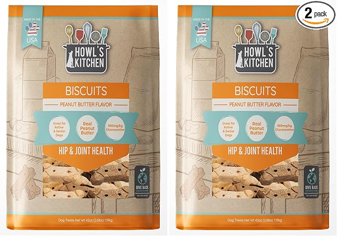 Howl's Kitchen Biscuits, 12 oz Bag, 1 Count, Peanut Butter Flavor, Hip and Joint Formula, Rawhide Free, Soft and Chewy Dog Treats, 500mg of Glucosamine for Dogs, For Active and Senior Dogs (Pack of 2)