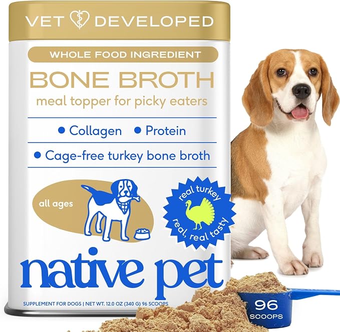 Bone Broth for Dogs and Cats - Turkey Bone Broth Powder Dog Food Toppers for Picky Eaters - Provides Extra Nutrition for Joint Strength, Immune Support & Heart Health - 96 Scoops