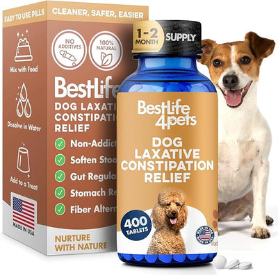 Dog Laxative Constipation Relief, Dog Stool Softener Remedy Eases Irregular Bowel Movements, Scooting & Rectal Itching; Supports Canine Digestion & Canine Gas Relief, 400 Odorless, Tasteless Pills