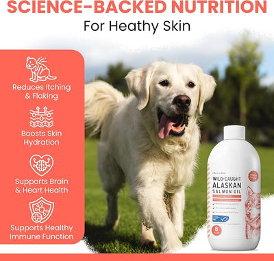 Wild Alaskan Salmon Oil for Dogs & Cats 16 oz - Omega 3 Dog Fish Oil, EPA DHA for Skin & Coat, Itch Relief, Joint and Heart Health - MSC Certified, Made in USA, Pump Bottle - Chew + Heal